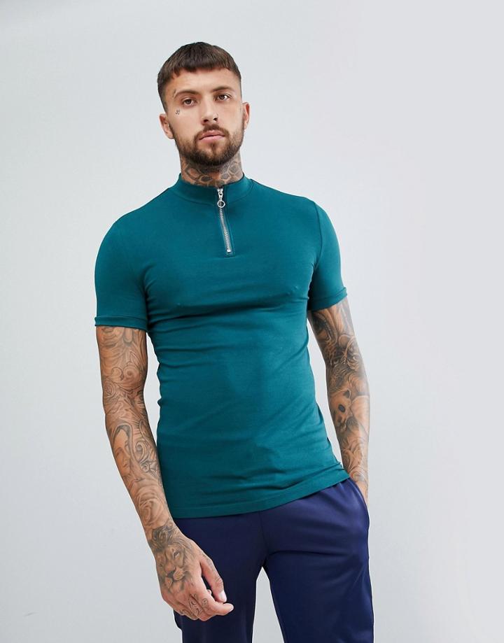 Asos Design Muscle Fit Zip Turtleneck T-shirt With Stretch In Green - Green