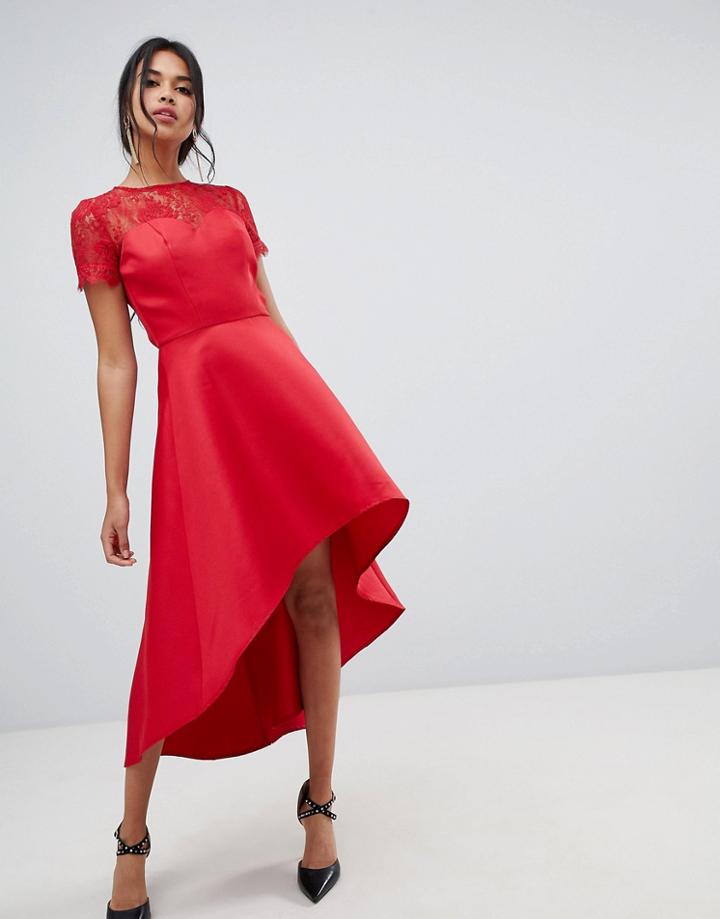 Chi Chi London High Low Hem Midi Dress With Lace Sleeves In Red - Red