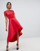 Chi Chi London High Low Hem Midi Dress With Lace Sleeves In Red - Red