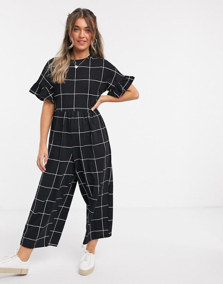 Asos Design Lounge Jersey Ruffle Sleeve Smock Jumpsuit In Mono Check Print-multi