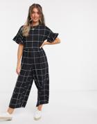 Asos Design Lounge Jersey Ruffle Sleeve Smock Jumpsuit In Mono Check Print-multi