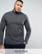 Asos Plus Long Sleeve Jersey Polo In Charcoal Marl - Gray