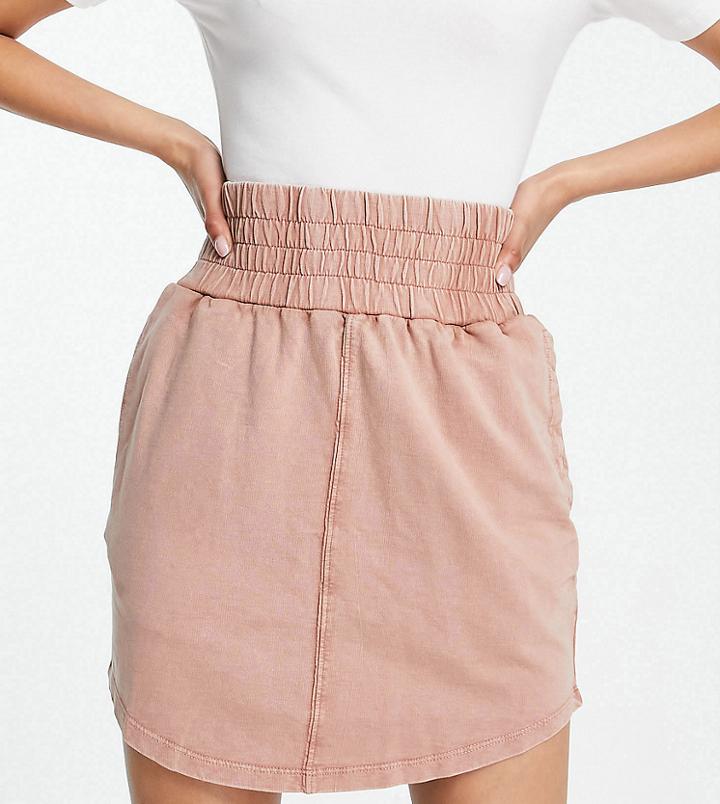 Asos Design Petite Washed Jersey Mini Skirt With Deep Shirred Waistband In Dark Shell-pink