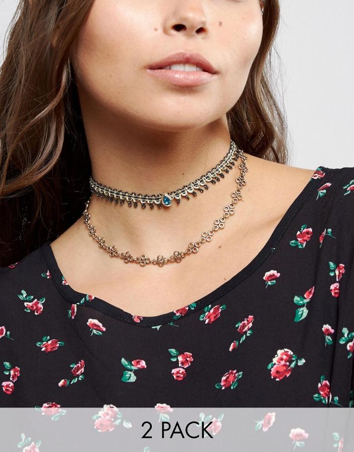 Asos Pack Of 2 Mixed Fabric Summer Necklaces - Gold