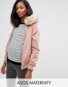Asos Maternity Bomber Jacket With Faux Fur Hood - Beige