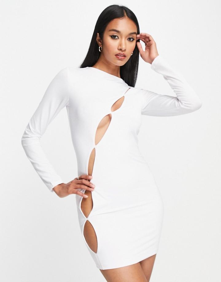 Aria Cove Cut Out Hole Detail Long Sleeve Mini Dress In White - White