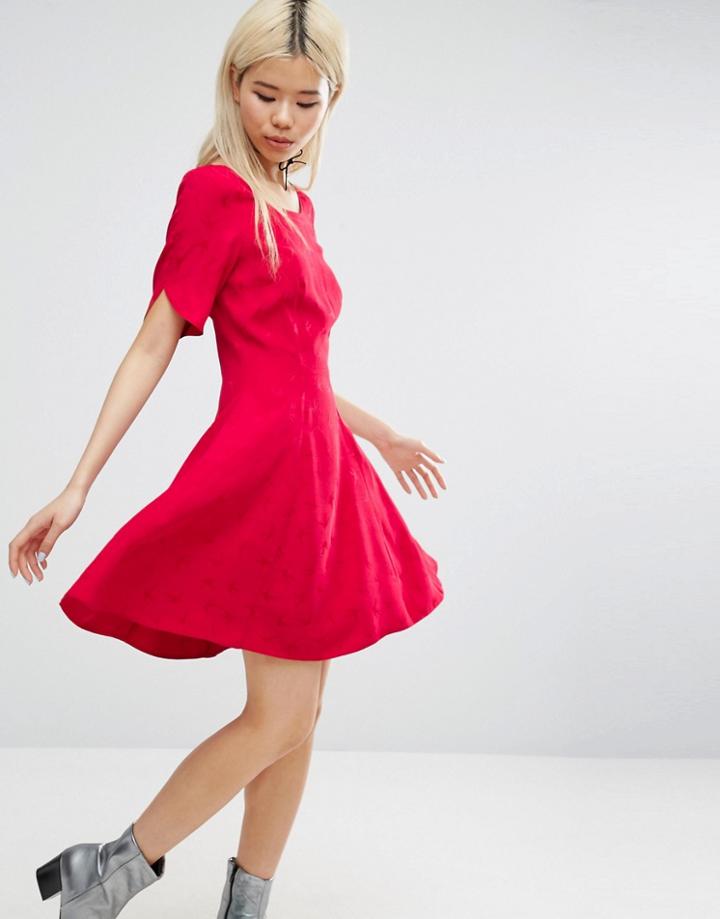 Asos Short Sleeve Bird Jacquard Flippy Mini Dress - Red