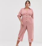 Asos Design Curve Embroidered Linen Tea Jumpsuit - Multi