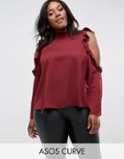Asos Curve Satin Top With High Neck & Ruffle Cold Shoulder - Red