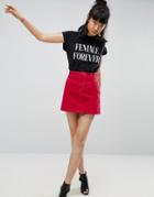 Asos Denim Mini Skirt In Red With Contrast Thread - Red