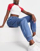 Rebellious Fashion Cargo Cuffed Ankle Denim Jeans In Mid Blue