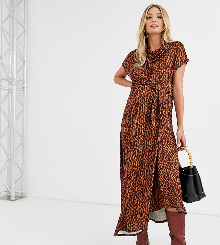 Asos Design (voted By You) Maternity Cowl Neck Tie Waist Midi Dress In Tortoiseshell Print - Multi