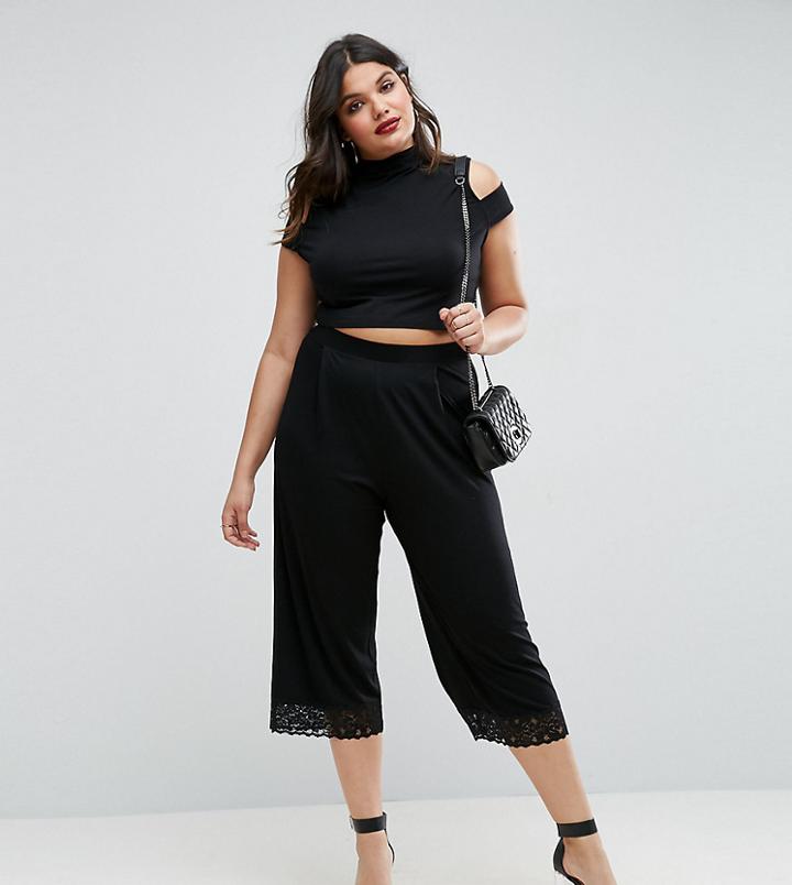 Asos Curve Jersey Culotte Pants In Crepe With Lace Hem - Black