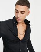 River Island Poplin Long Sleeve Muscle Shirt In Black