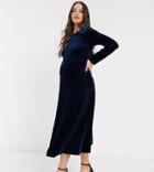 Tfnc Maternity Velvet Midi Skater Dress In Midnight Navy