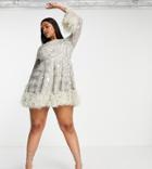 Asos Edition Curve Long Sleeve Embellished Waisted Mini Dress With Faux Feather Trim In Silver
