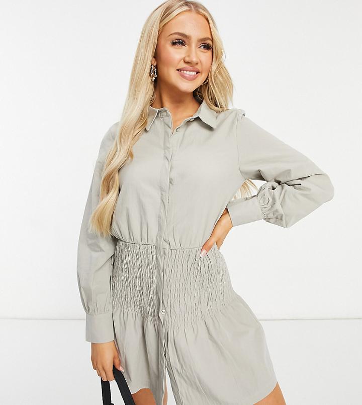 Missguided Mini Shirt Dress Wirh Shirred Panel In Stone-neutral