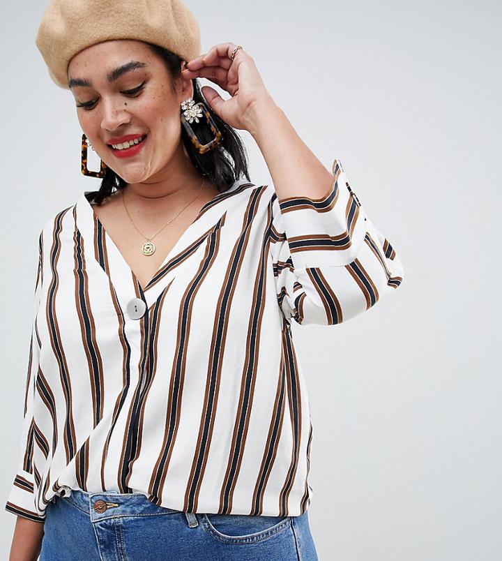 New Look Curve Button Shirt In Stripe - White