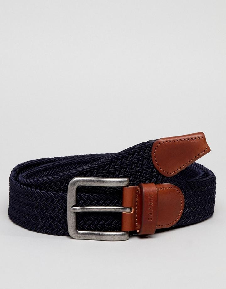 Esprit Woven Belt With Leather Detail - Navy