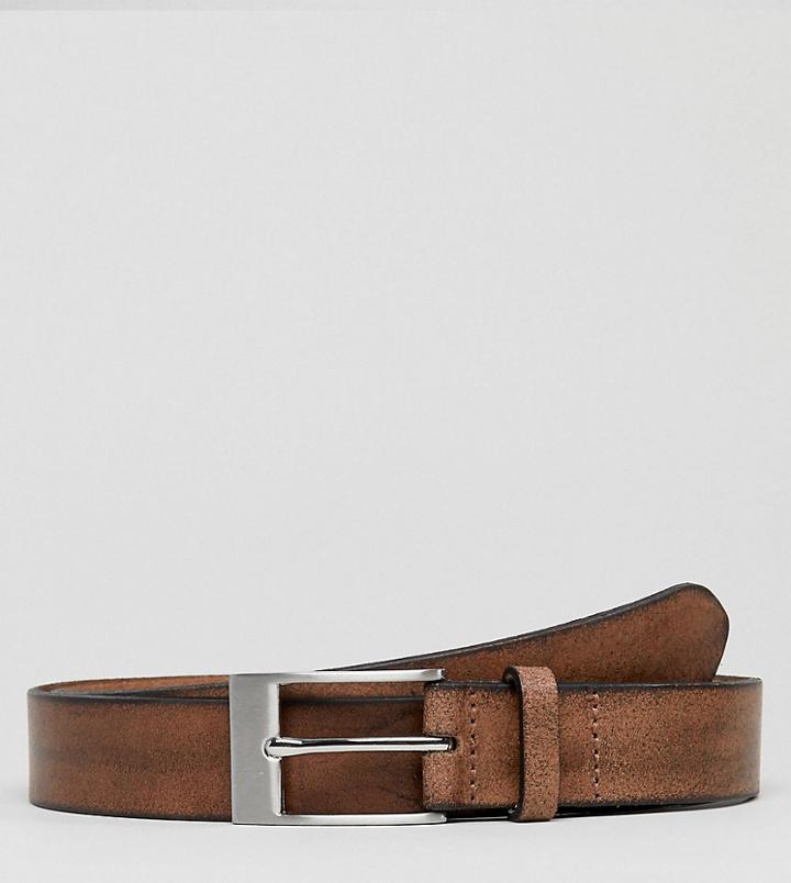 Asos Plus Smart Slim Leather Belt In Vintage Brown Finish And Burnished Edges - Brown