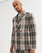 Asos Design Boxy Double Breasted Suit Jacket In Camel Check