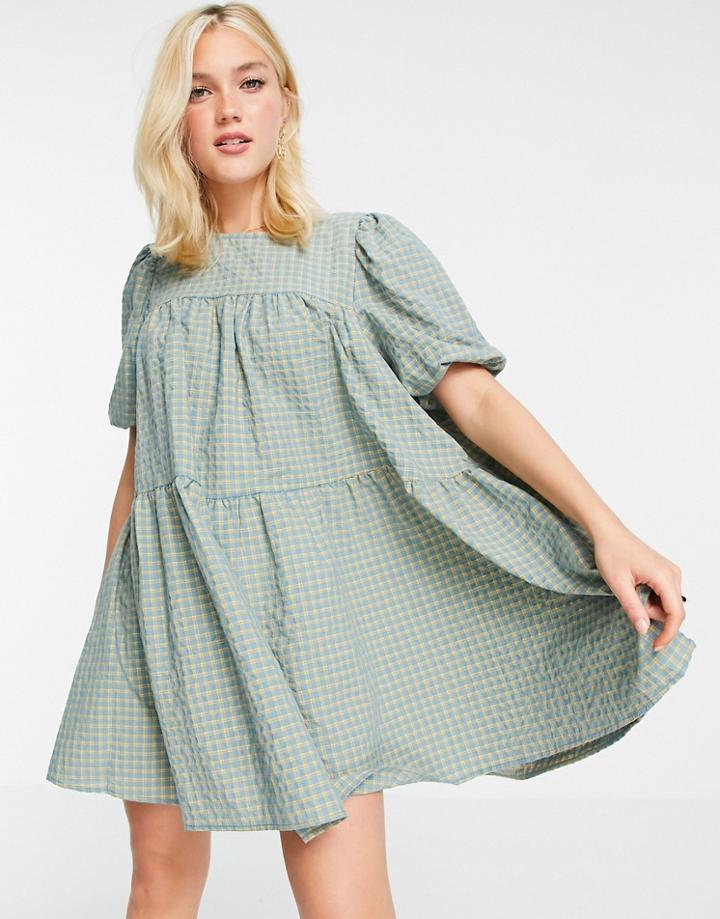 In The Style X Olivia Bowen Puff Sleeve Tiered Smock Dress In Green Check Print