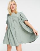 In The Style X Olivia Bowen Puff Sleeve Tiered Smock Dress In Green Check Print
