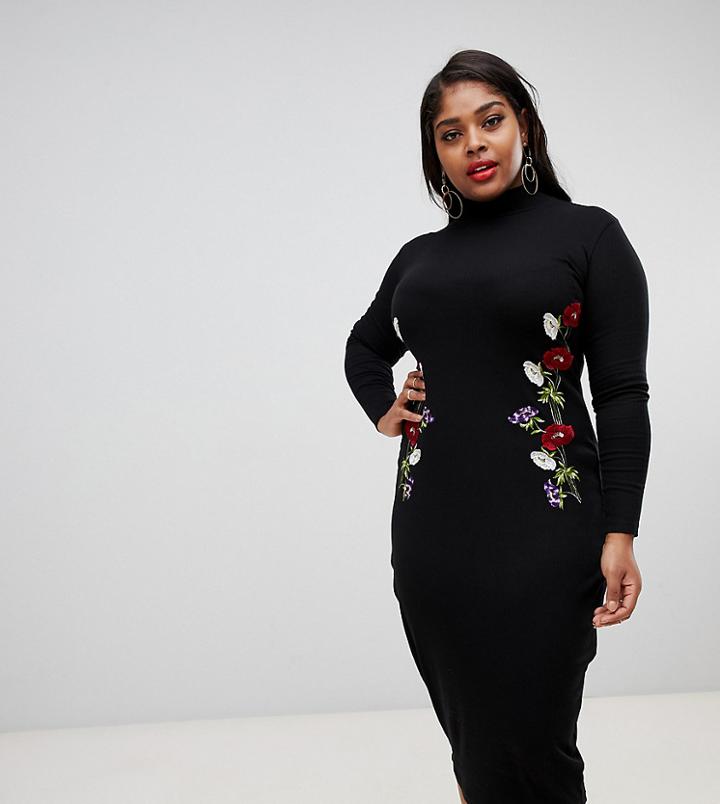 Asos Design Curve Embroidered Rib Midi Bodycon Dress With Open Back-black