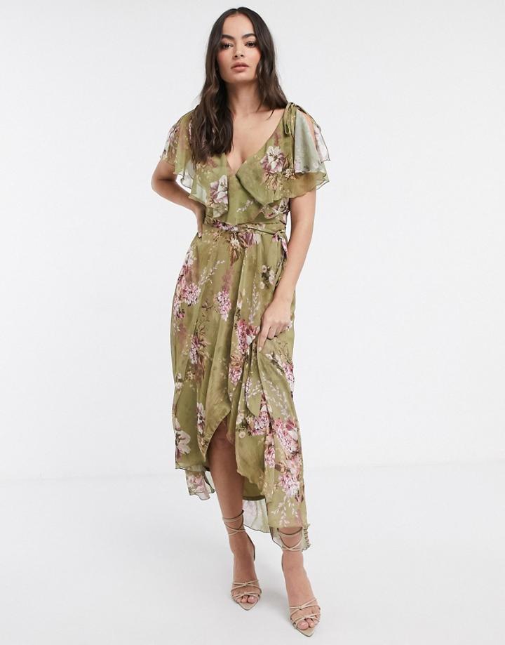 Asos Design Split Sleeve Cape Back Dipped Hem Maxi Dress With Tie Shoulder In Vintage Bouquet Floral-multi