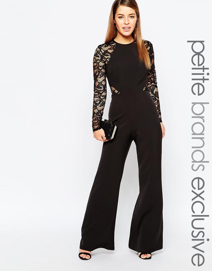 John Zack Petite Lace Sleeve And Back Detail Jumpsuit - Black