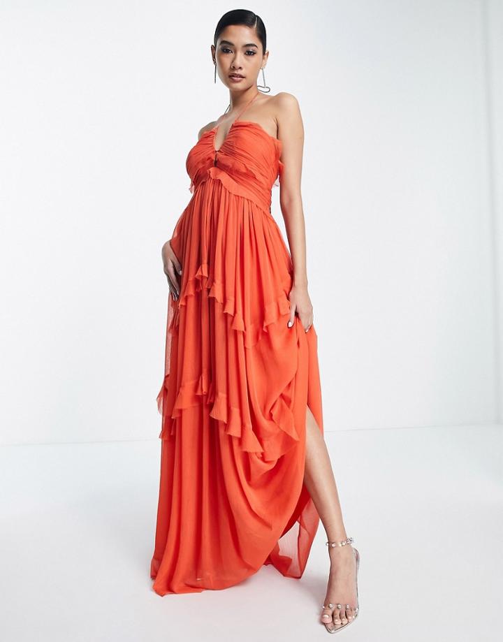 Asos Design Halter Neck Key Hole Detail Tiered Maxi Dress In Orange