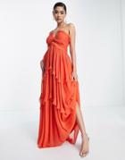 Asos Design Halter Neck Key Hole Detail Tiered Maxi Dress In Orange