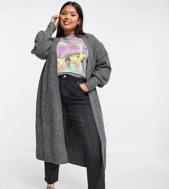 Asos Design Curve Fluffy Maxi Cardi With Volume Sleeve In Charcoal-grey