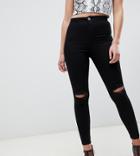 Asos Design Rivington High Waisted Jeggings With Frayed Knee Rip Detail In Clean Black - Black