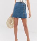 Asos Design Tall Denim Wrap Skirt With Buttons In Midwash Blue - Blue