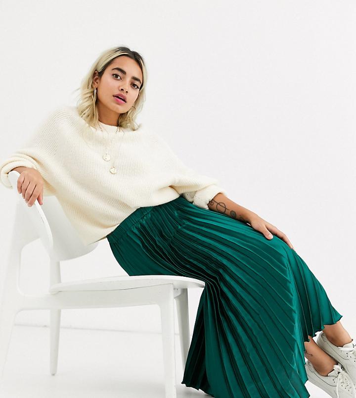 Asos Design Petite Satin Pleated Column Midi Skirt-green