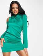 Asos Design High Neck Drape Satin Mini Dress With Cold Shoulder Detail-green