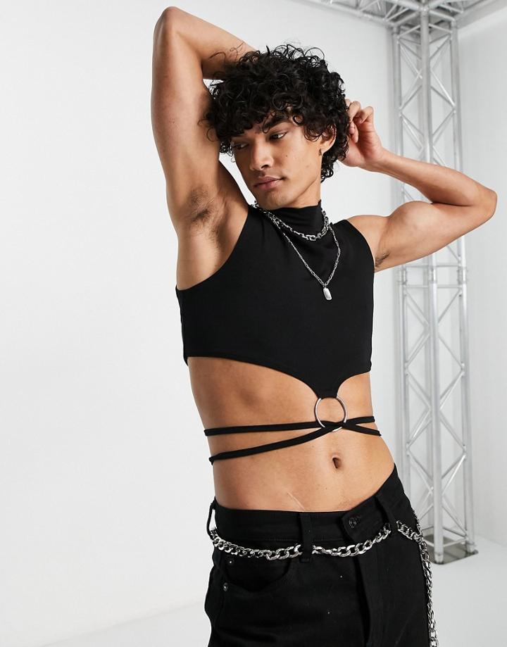 Asos Design Crop Wrap Around Tank Top With Turtle In Black