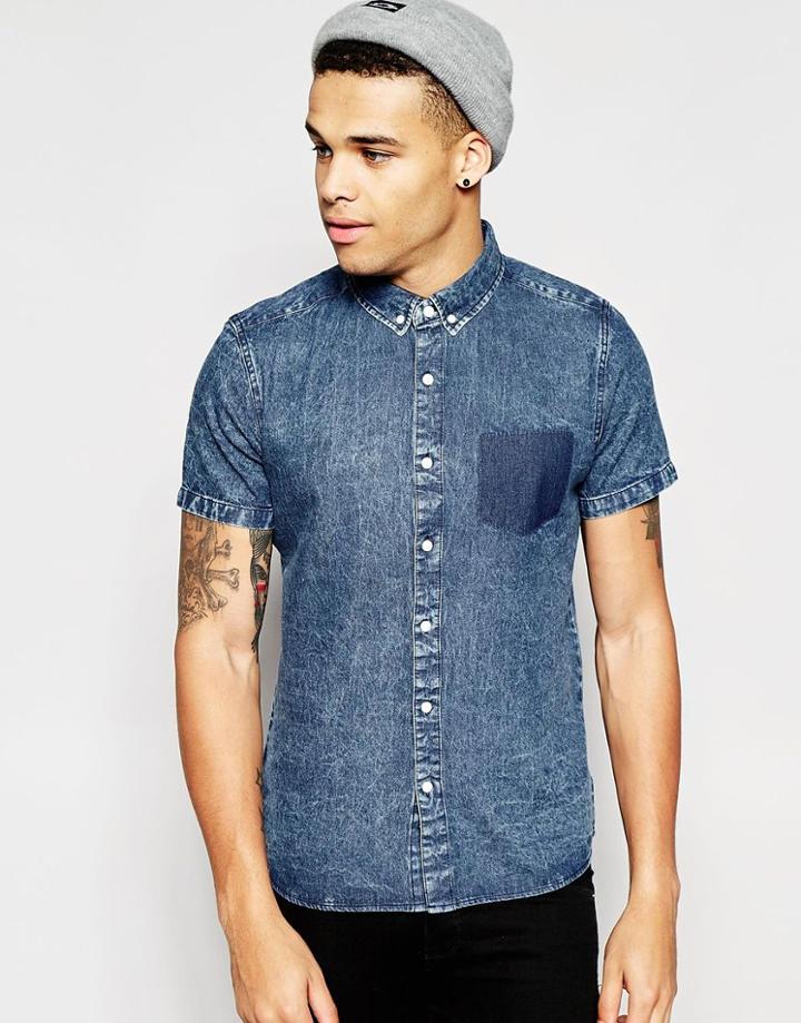 Another Influence Short Sleeve Blast Off Pocket Denim Shirt - Blue