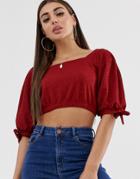 Asos Design Crop Square Neck Top In Textured Fabric With Tie Cuff - Red