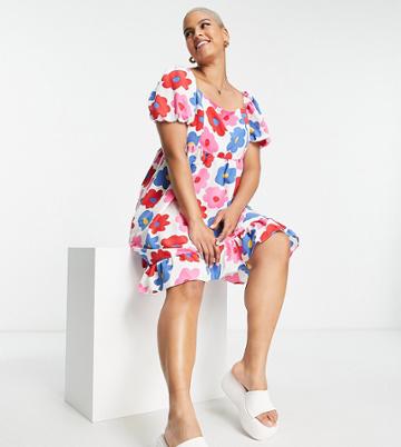 Glamorous Curve Mini Puff Sleeve Dress In 60s Floral-multi