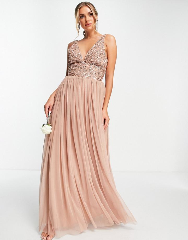 Beauut Bridesmaid Sequin Embellished Maxi Dress With Plunge Front And Tulle Skirt In Mink-pink