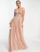 Beauut Bridesmaid Sequin Embellished Maxi Dress With Plunge Front And Tulle Skirt In Mink-pink