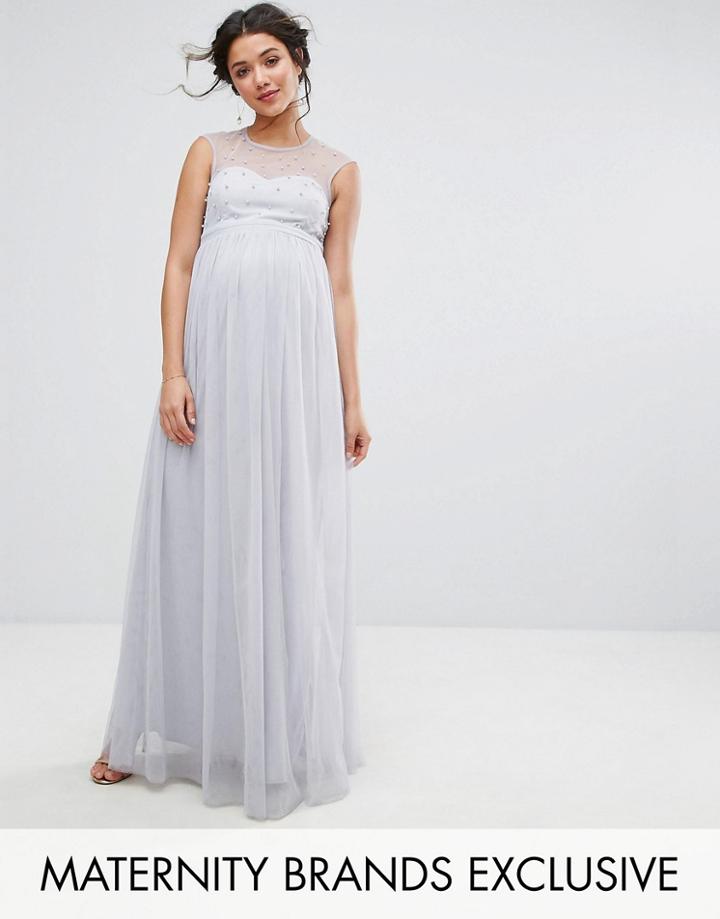 Little Mistress Maternity Maxi Dress With Pearl Embellished Bodice - Gray