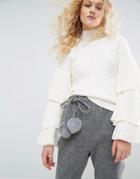 I Love Friday Cable Knit Sweat With Triple Ruffle Sleeve - White
