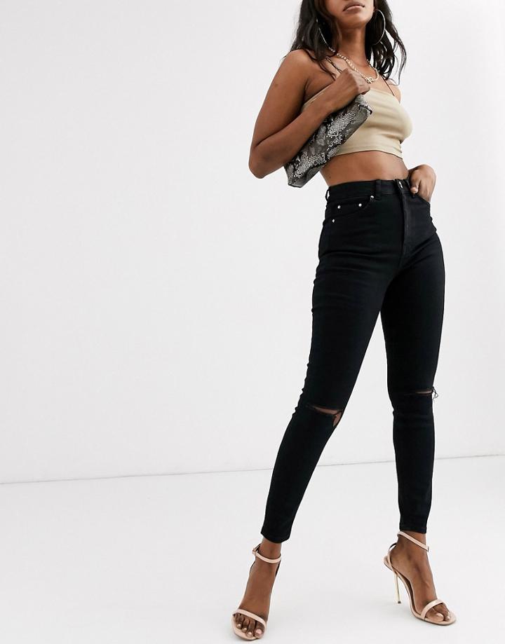 Asos Design High Rise Ridley 'skinny' Jeans In Clean Black With Ripped Knees