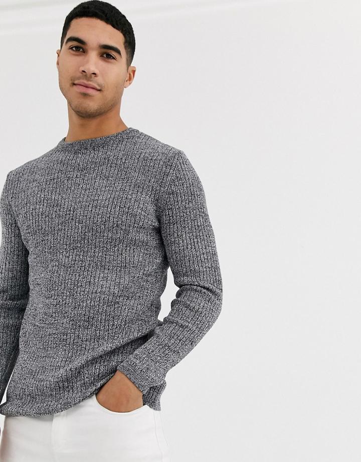 New Look Ribbed Muscle Fit Sweater In Gray Marl