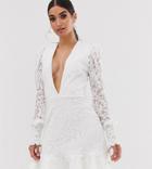 John Zack Petite Plunge Front Lace Flippy Mini Dress In White