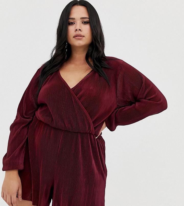 Asos Design Curve Plisse Wrap Romper-red