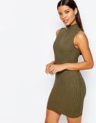 Lipsy Ribbed Body-conscious Dress With Zip - Khaki